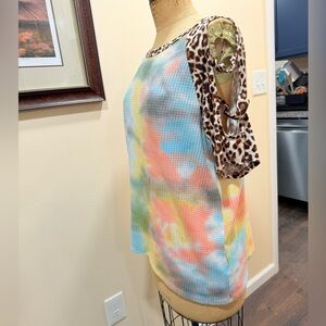 Haptics Colorful Tie-Dye Top with Leopard Print Sleeves